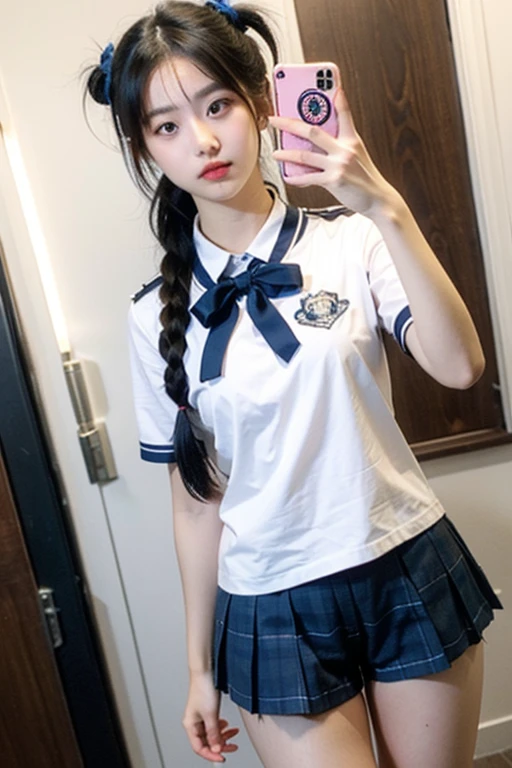 wearing short skirt、Alafid asian woman wearing bow tie sitting on train, cute schoolgirl, japanese schoolgirl, wearing japanese school uniform, japanese school uniform, a hyperactual schoolgirl, Dress up as a schoolgirl, hyperactual schoolgirl, Wearing school uniform, actual , girl wearing, Wearing school uniform, one poses, whole body, Good skin, glowing skin, beautiful thighs,glowing thighs, Glowing legs, (())