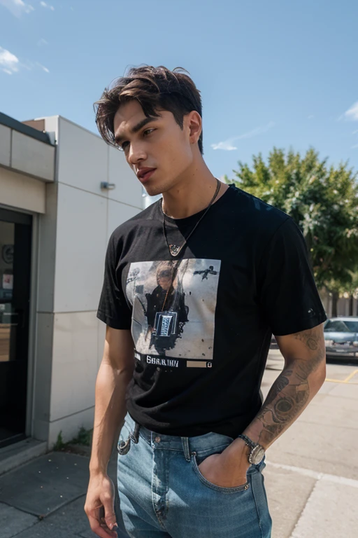 Man in shorts and T-shirt with dark hair