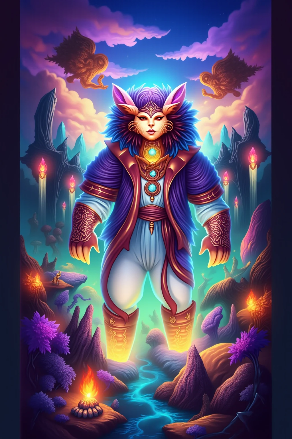 Vast landscape photos, (looking at the sky and the wilderness below), "A rabbit, magical, anthropomorphic, girl, angry expression, glowing eyes, Wanruo mask, Hanfu, background of ancient Chinese streets, night." Genshin Impact Impact, Best Quality, High Detail, High Quality, Ultra High Resolution, OC Rendering, 8K" Standing in a Flower Field and Looking Up, (Full Moon: 1.2), (Meteor: 0.9), (Nebula: 1.3), Far Away Mountains, Tree Breaking Making Art, (Warm Source: 1.2), (Firefly: 1.2), Lights, Purple and Orange, Intricate Details, Volumetric Lighting BREAK (Masterpiece: 1.2), (Highest Quality), 4K, Ultra Detailed, (Dynamic configuration: 1.4), Highly detailed and colorful details (rainbow color: 1.2), (Sparkling lighting, atmospheric lighting), Dreamy, magical, (Solo: 1.2), (Ying Dragon God), (Through the clouds), (Top of the mountains), (Complex), (Super Detail), (Starry Sky Background), (Stout Limbs), (Moon Night), (Ultra Clear), (Best Quality),