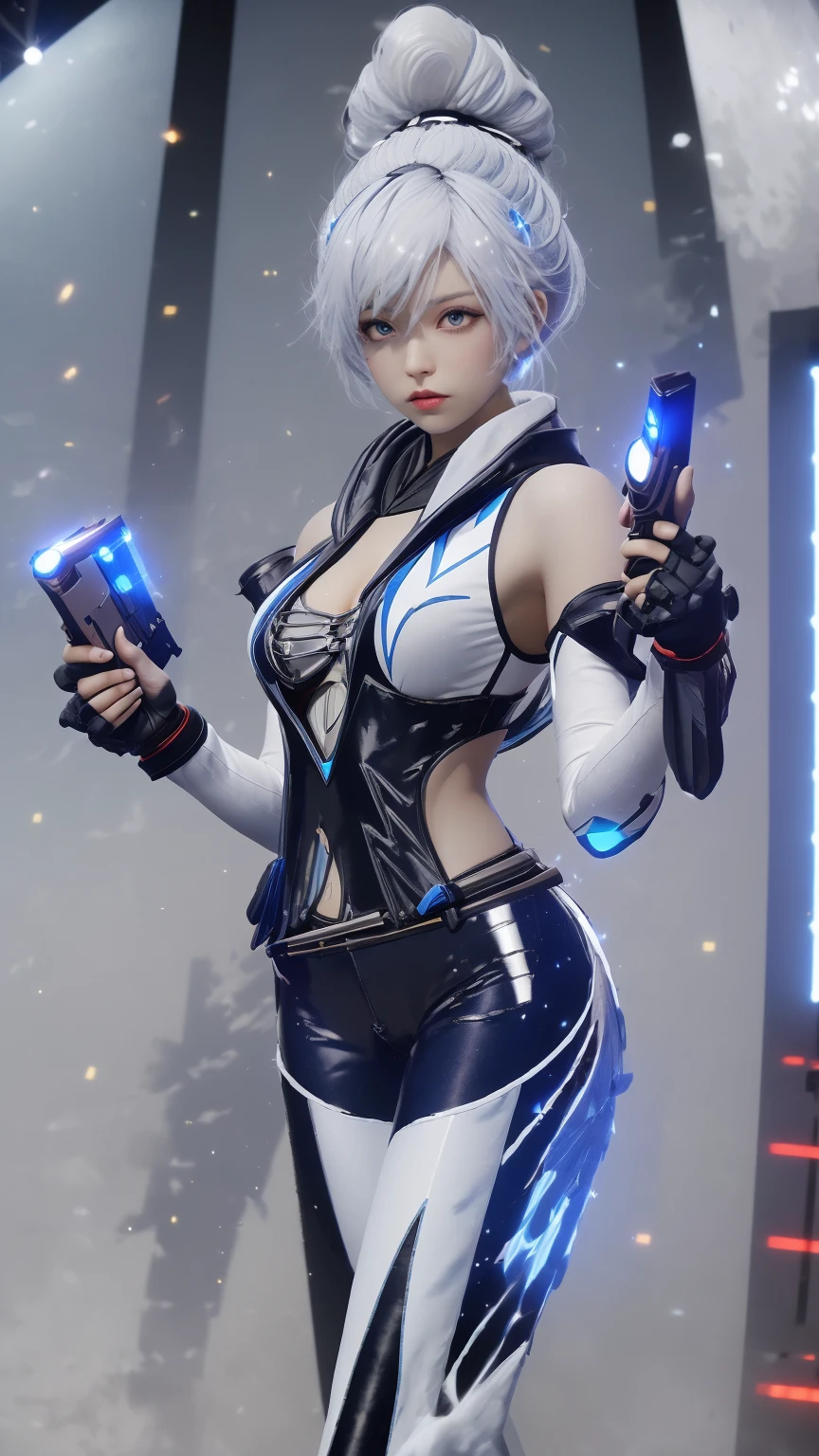 A girl with medium,long leges,Short silver-white hair,Solo,Have a gun,holding a pistol,Blue and white tights set,modern urban,Punk elements,hyper-high detail,Bukkake,Covered in white liquid
