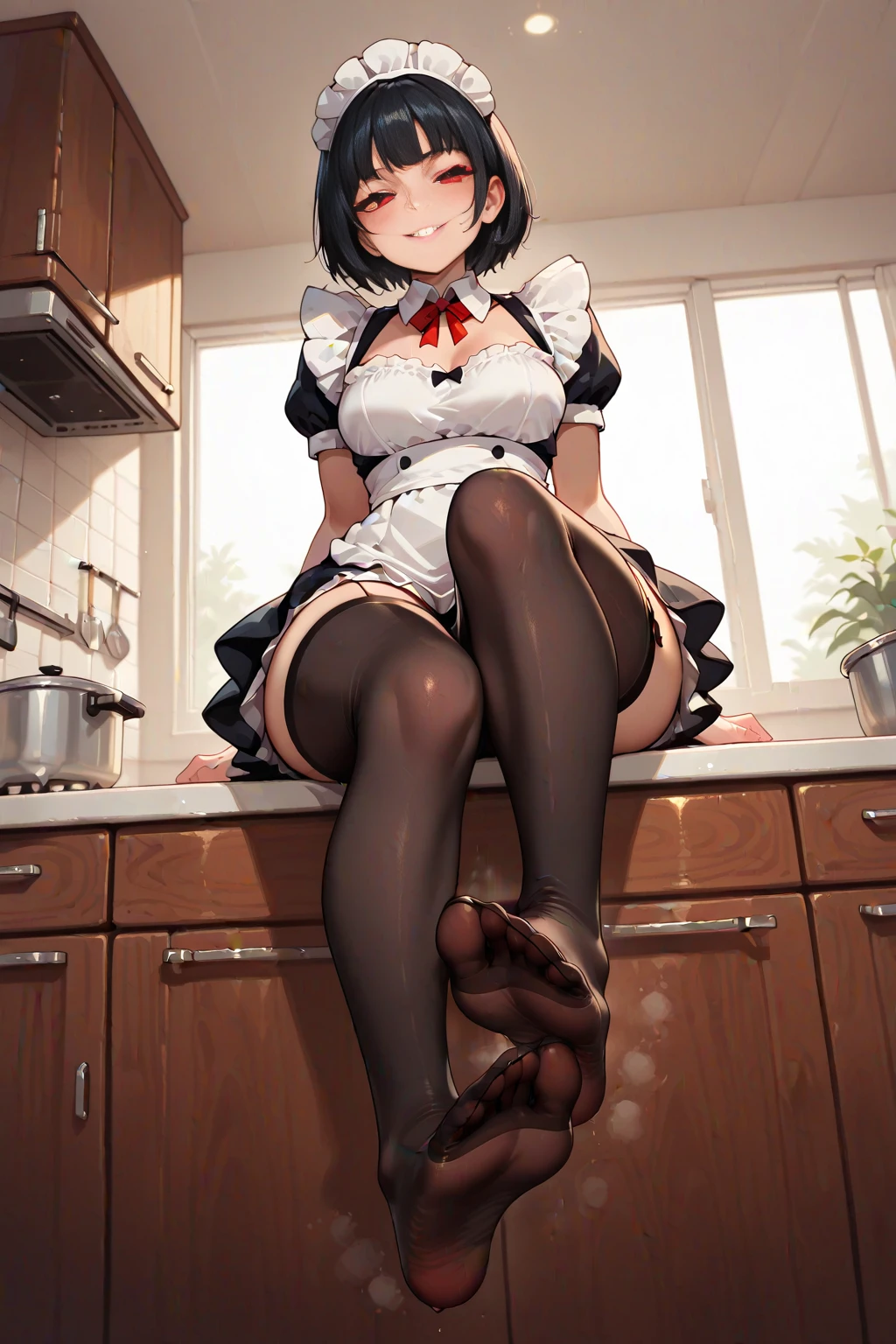 One married woman、Married women、Beauty、Horny Wife、40 years old、A man smells a married woman&#39;s crotch、Tight Skirt, Sit on a chair、Looking down at the viewer, Side Ponytail, Highest quality, Focus on the thighs, smile, blouse, Black Pantyhose, panties under pantyhose, kitchen、Plump thighs、Big Ass、Big 、 Black Hair,My thighs are steaming between the legs 、Sweaty pantyhose、Show the soles of your feet