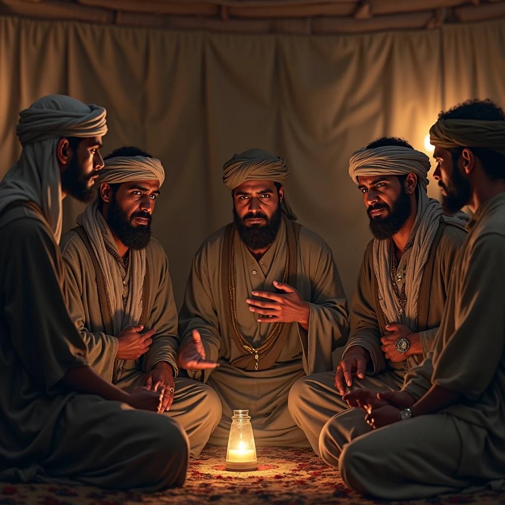 A group of stern-faced village elders, dressed in Nigerian traditional, weathered clothing, gather around a large, rough-hewn wooden table. The room is dimly lit by a single oil lamp, casting deep shadows on their concerned faces. They lean in, whispering urgently to one another, their eyes occasionally glancing towards the door as if expecting something ominous. The mood is tense and foreboding, with the weight of unspoken fears hanging in the air.