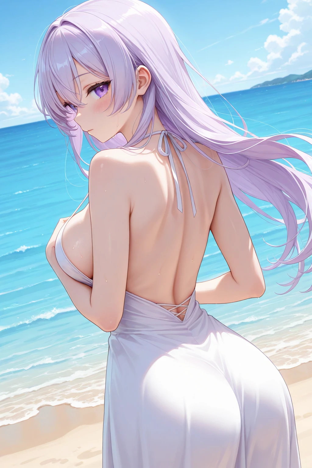 Beautiful girl foxgirl, medium large breasts,purple hair with pink highlights tips, masterpiece , red eyes, sexy, anime styled, 2D, mature, dynamic angle, long hair, sexy, fox tails, sexy pose, night time, beach, black bikini