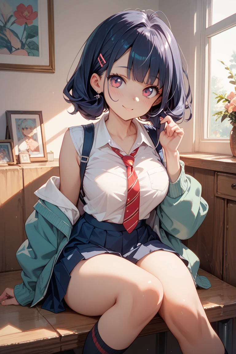 Masterpiece to the smallest detail、top-quality、girl with、17 age、独奏、Looks like 12 years old、150cm petite beautiful girl、small tits、a baby face、red hairs、Gradient bob in the forward、Pink and violet mesh、red eyes、Red eyes、Tall, big eyes、Outstanding looks、A lovely child、proximity、closed_mouth、a smile、red blush、full of shyness、blue headwear、Hats、pink bowtie、校服、 Blue jacket、jaket、skirt by the、Gray skirt shirt、white shirt、an legs、Black socks、sitting on、Classroom、hair_ornament、looking_at_viewer、beatiful detailed eyes、Akame、panties on、lift up one's skirt、Professional effects、