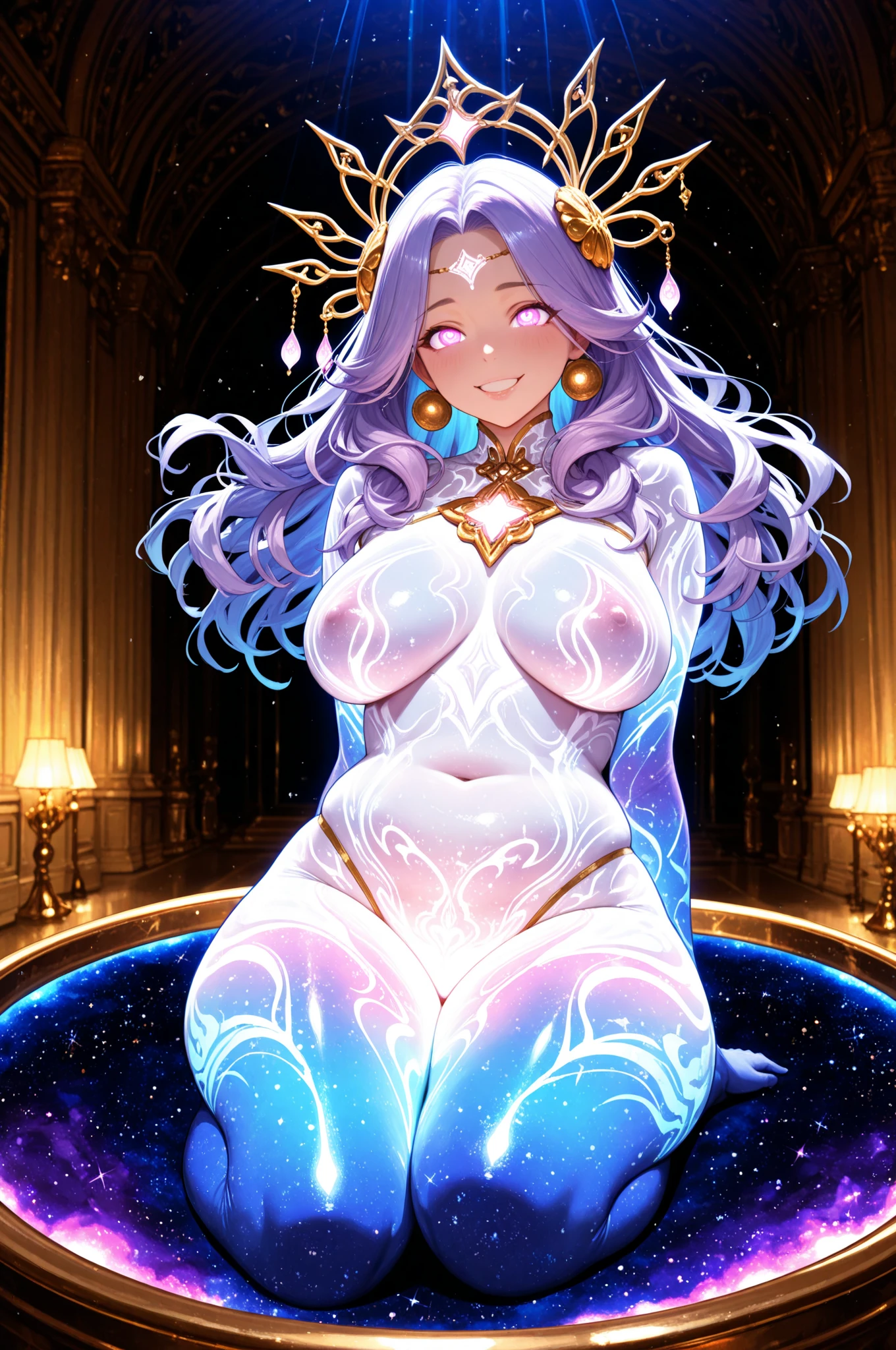 ((masterpiece,High resolution,8K quality,Highest quality)),(masterpiece:1.2), (Highest quality:1.2),Diffuse reflection of light((money)),whole body,Completely naked,Huge breasts,nude,Jewelry Body,(nude), (Pussy), ((extremely hairy Pussy)),Nipples,smile,Diamond Earrings,Intricate details,Lens flare,Glow worms,crystallization,Supreme detail,Spread your legs,Five Rings,Succubus,Great thighs,超Big Breasts,Big Breasts