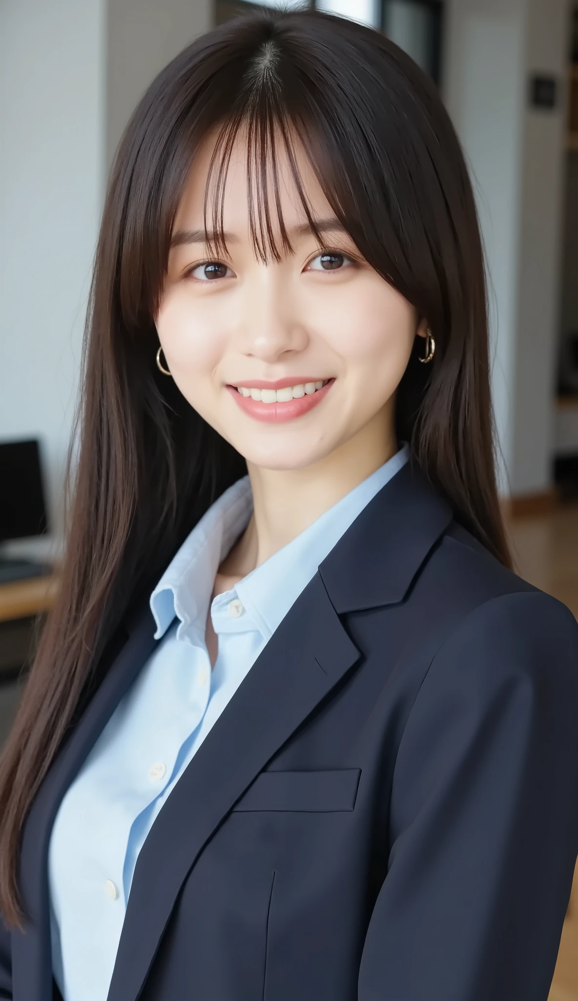 Neat Young Woman、and look at the camera、office lady suit、jacket、shirt、 、、ear piercing、髪型ショートカット、、 薄い茶髪、、smile showing teeth、background is office