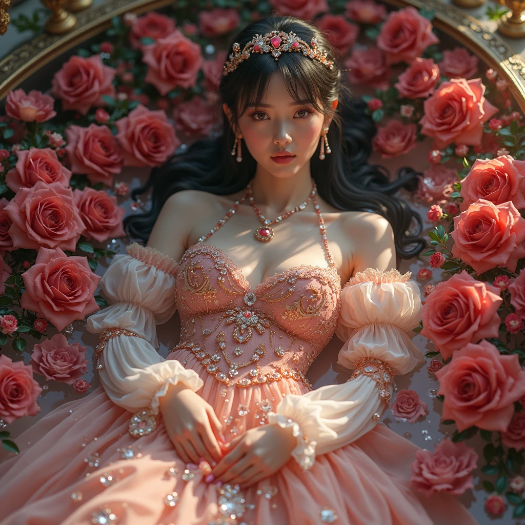 1girl,(bright lighting,romantic setting),dreamy background,,dark hair, mesmerizing gaze, , soft skin, alluring beauty, artistic portrait, high-quality image, vibrant colors,long pink floral sheer skirt, mosquito net, romantic bedroom, sidesuspension,solobound,blindfold