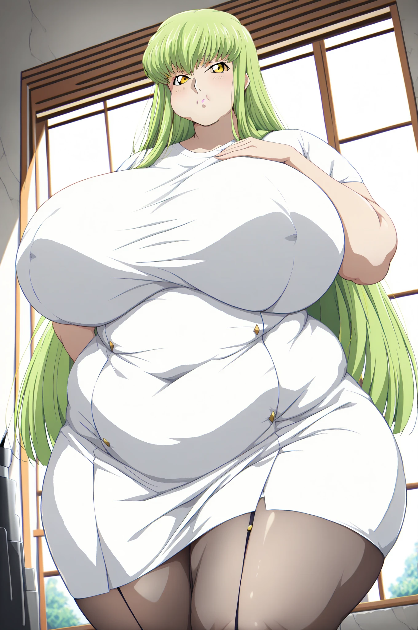 high quality photo of a woman, detailed face, <3, over head view, short, oppai ratio, anime, long legs, long hair, long saggy breasts, plump breasts, green hair, green eyes