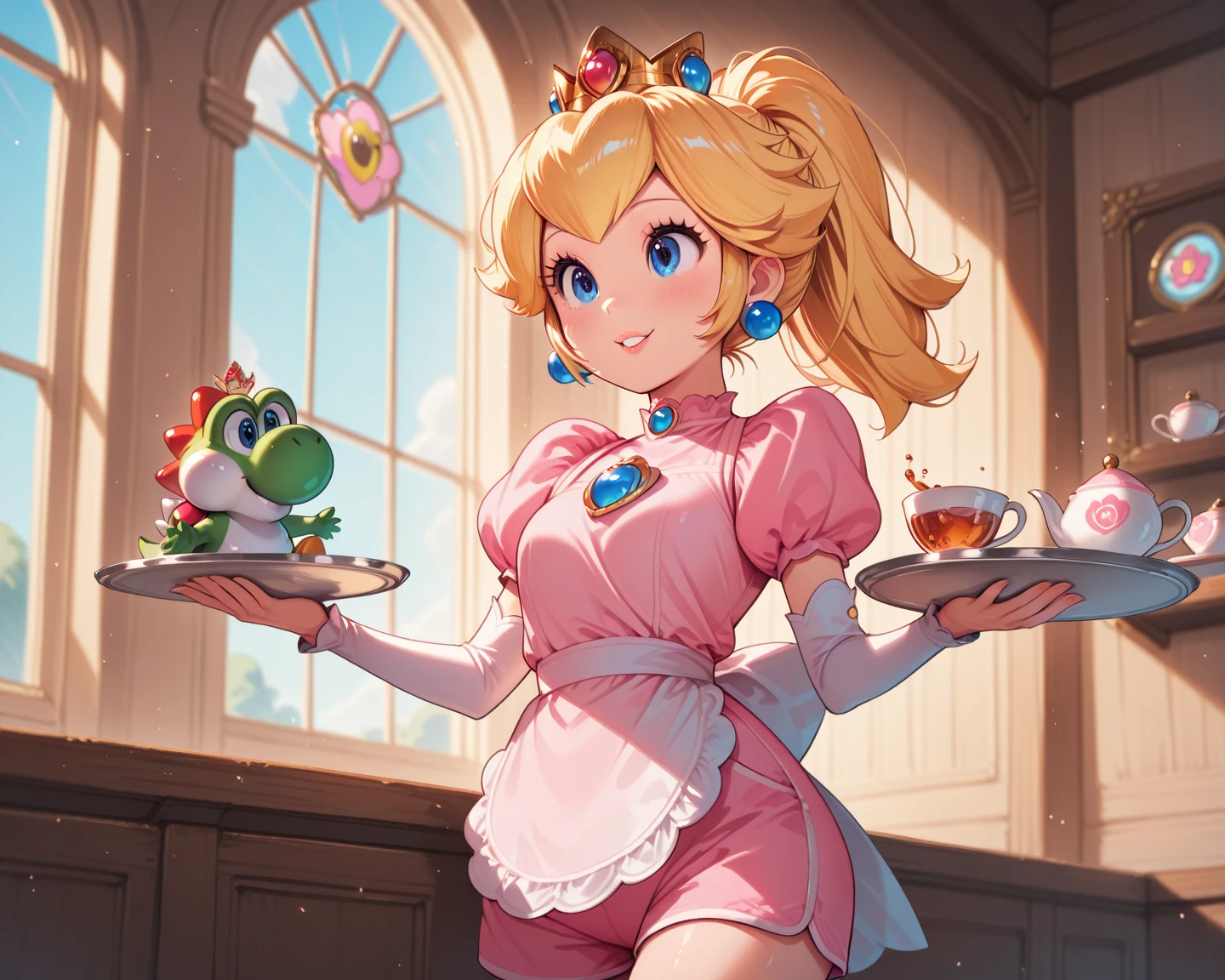 score_9_up, score_8_up, score_7_up, Source_Anime, Nintendo、Super Mario Bros.、Princess Peach、(masterpiece,   perfectly detailed  , detailed face, detailed eyes, Beautiful Eyes), CuteMaster_. , 1girl,  Blonde Hair, crown, blue eyes, ponytail, gem, pink maid clothes、, , earrings,, , , medium chest, ,   pink shorts  , , ポarted Lips, , ポink Lips, , , kind smile、serve customers at the maid cafe、carry trays、tea and sweets on the tray、Customers in the store々colored Yoshi、peaceful and happy time、