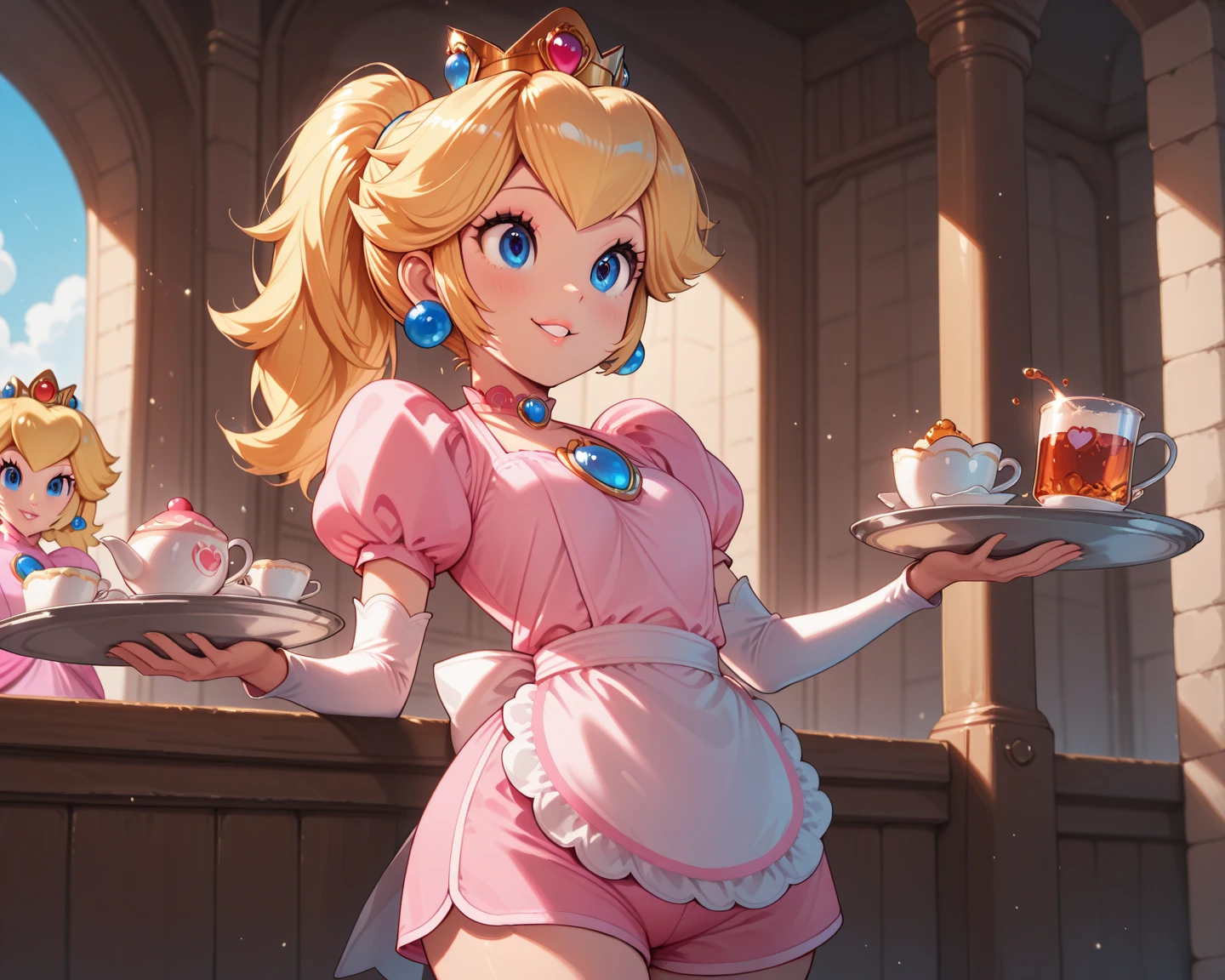 score_9_up, score_8_up, score_7_up, Source_Anime, Nintendo、Super Mario Bros.、Princess Peach、(masterpiece,   perfectly detailed  , detailed face, detailed eyes, Beautiful Eyes), CuteMaster_. , 1girl,  Blonde Hair, crown, blue eyes, ponytail, gem, pink maid clothes、, , earrings,, , , medium chest, ,   pink shorts  , , ポarted Lips, , ポink Lips, , , kind smile、serve customers at the maid cafe、carry trays、tea and sweets on the tray、Customers in the store々colored Yoshi、peaceful and happy time、