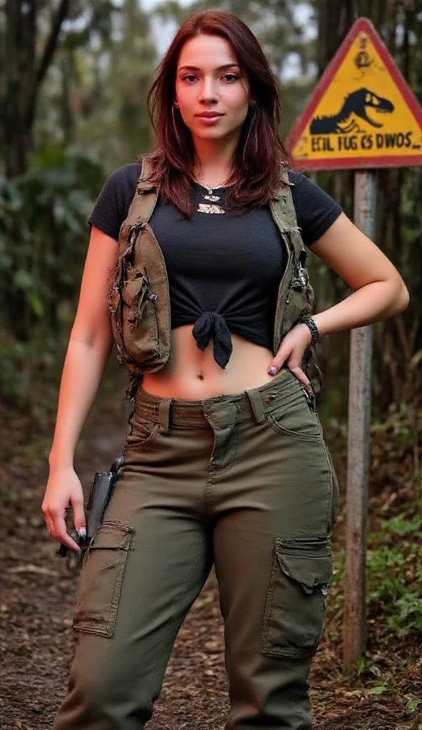 A stunning female adventurer in sharp mid-shot composition from hips up, hyperrealistic Jurassic Park style, seductive smile, standing in the dangerous jungle of Isla Nublar at dusk. Wearing distressed black tied tee and tactical vest open to reveal toned abs, olive green utility belt, Glock 17 in thigh holster, combat knife strapped to vest. Confident pose with hand on hip, predatory smirk toward camera, wind-swept hair, glistening sweat on textured skin. Behind her, iconic 'CUIDADO con los Dinos' warning sign with rusted metal post, cracked yellow triangle, menacing black dinosaur silhouette, faded red-gold Jurassic Park T-Rex logo. Dense tropical rainforest background with towering ferns, moisture-heavy air, hanging vines, dramatic lighting, photorealistic render, cinematic atmosphere, photorealistic skin texture.