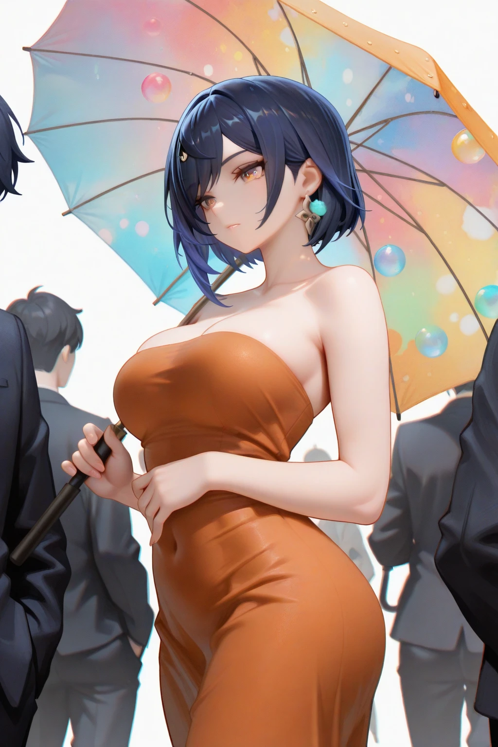 Highest quality、Super quality、Very Short Hair、Black Dress、Black Hair、Mid-chest、One Woman、Raising left arm、Armpit、bustling street、Angle looking up from below、confidence、Highest quality、Expressionless、cool、Upper Body、Armpitのアップ、From the side、Staring at the audience、Mouth closed、Armpit sweat