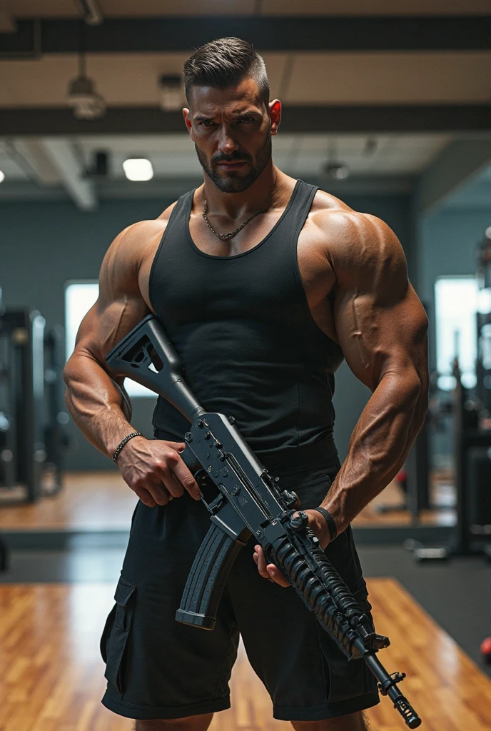((masterpiece)), ((best quality:1.2)), high resolution, 8K, (extremist_Practical:1.3), (photoPractical:1.4), Male focus, 1 boy, backwards have, arms, Vest, solitary, white Vest, 步gun, Pants, wristwatch, gun, Keep arms, muscular, Keep, watch, assault 步gun, Baseball cap, Keep gun, have, short hair, black Pants, Big bulge,Excellent J8,Chest muscles, muscular male, looking at the audience, Brown eyes, 仅have的, Jewelry, Black Hair, bracelet, Practical,Perfect hand details