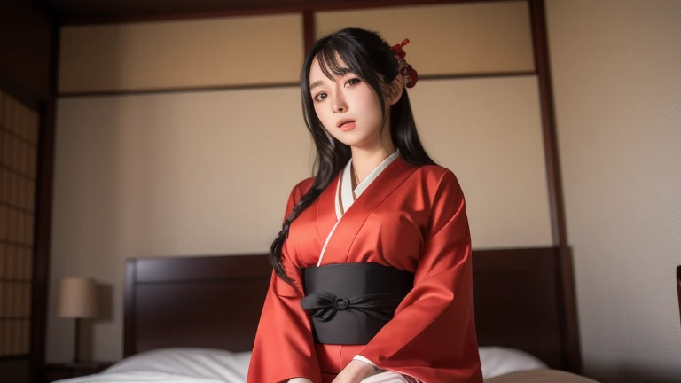 (((On the bed:1.35)))、(((sleep:1.35)))、(((Spread your legs wide:1.35)))、(((mini skirt:1.35)))、((Nighttime Kyoto streets in the Edo period,A town lit by lanterns on unpaved roads after the rain、A young geisha walks with beautiful manners.)),(((The collar of the formal Japanese kimono, Black pattern, Pulled back, Revealing a beautiful white neck.,The expensive and beautiful obi and obijime look great on her..,Beautifully decorated sandals,知り合いに出会って笑faceで会釈しているところを動作の本質を捉えたプロ目線の前方から全身撮影))),(((美しいBlack Hairを日本髪に整えて頭に差したLots of hairpins:1.3))),One personの少女, One personで, 凛とした上品な笑face, Chestnut brown eyes that catch the light, Black Hair, hair ornaments, Knees together, With a graceful inward-looking attitude, Furisode kimono, kimono, Bright red lips, Compensate, Tassel, rope, eye shadow, red kimono, shimenawa, Lots of hairpins,((Perfect Anatomy)) ,masterpiece,Ulzan 6500,(Realistic, photoRealistic),masterpiece, High resolution,Best light and shadow contrast, main character,Extremely high depth of field,soft delicate beautiful attractive face, Beautiful Edge Oiran_woman, a woman in a kimono posing for a picture ,Perfect Edge Oiran_face,Perfect Edge Oiran_body,edge Oiran_Compensate,edge Oiran_Hairstyle  (Saiharu Body),(Tabletop, high quality, 最high quality),(繊細な目とface), Ray Tracing, Highly detailed CG Unity 8k wallpaper,One person,Best image quality,Amazing details,超High resolution,Realistic:1.4),Attention to detail,Attention to detail,Beauty condensed into one girl,Beautiful brown hair,繊細でHigh noseを持つ美しいface,Long limbs like a model,Tight waist and big hips,High nose, Clear chestnut eyes, Glossy Lips,
