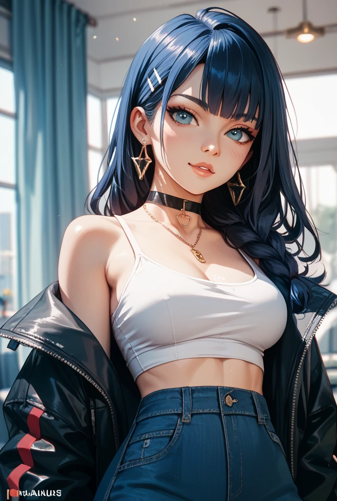 最high quality、best image quality、masterpiece、teenage girl((18-year-old、 by becoming、vest bust、medium bust,wide open breast tea、black eye, black hair、long hair、thin,highest valley、cute makeup、punk clothing、best smile、blue face paint、Yellow face paint、Pink face paint、distressed jeans、distressed jacket、black sports bra、model pose)),high quality、beautiful art、background((Large white room、white luxury convertible car)),pieces fly、Depth of written boundary、movie、visual art、perfect art、