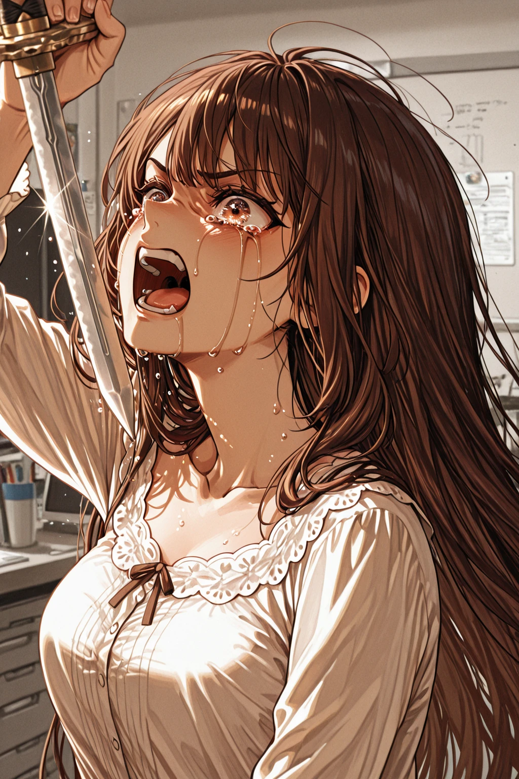 (ultra high res, ultra detailed, high resolution, highly detailed, 4k, 8k), an extremely delicate and beautiful, gokkun3, teeth, cum, cum in mouth, uvula, <lora:ãã£ãã gokkun3:0.8>, (open mouth), ahegao, annoyed, angry, disdain, shaded face, intenseglare, <lora:ã¢ãé¡ ahegao_v0.3:0.8>, cardigan, microskirt, micro miniskirt, (choker), <lora:ã«ã¼ãã£ã¬ã³ï¼ãã¤ã¯ãããã¹ã«å¶æ micro_miniskirtV2:0.8>, ruanyi0181, indoors, tile wall, tiles, toilet, <lora:æ±ããã¤ã¬ 0181 dirty toilet_v2:0.3>,