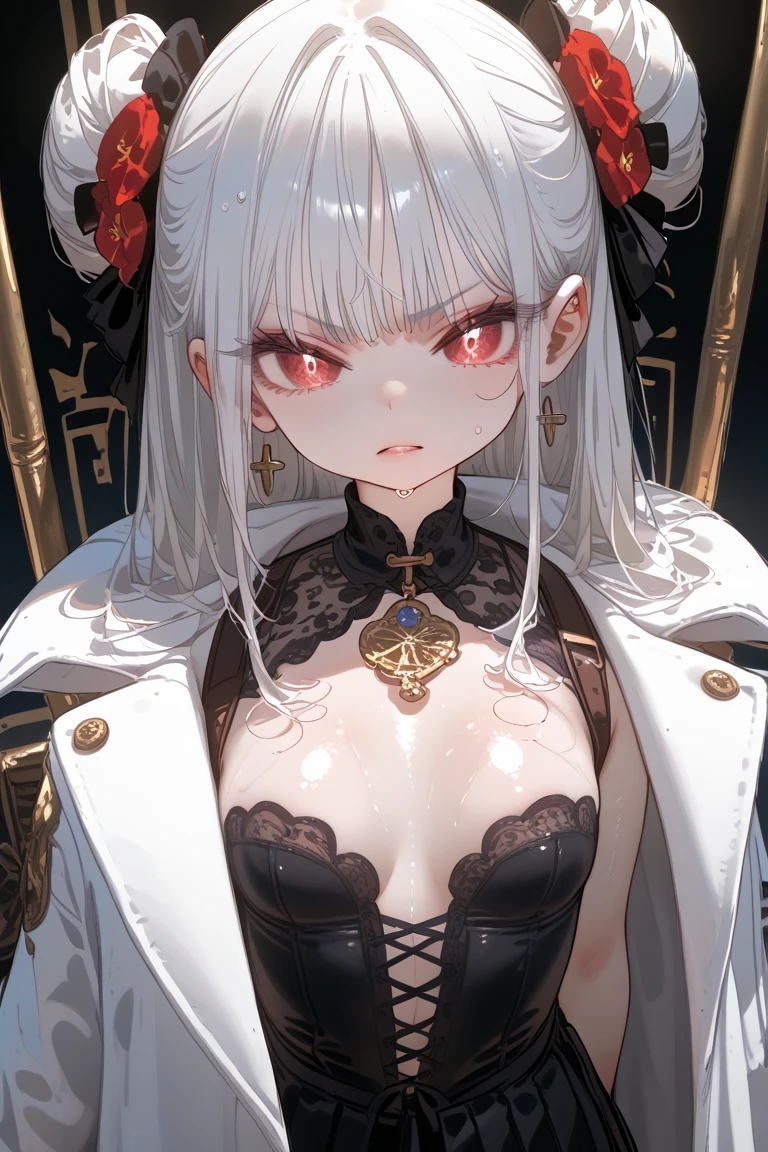 Official Art, masterpiece, Sharp focus, (Beautiful gorgeous sexy Korean girl:1.3), (Pretty cute Korean girl:1.3), Delicate and beautiful hair and eyes and face, Realistis, A highly detailed, beautiful a girl, thin, ((Smile with eyes, Open your eyes)), Long straight hair , sexy facial expression, Dynamic Hair, Long straight hair, Delicate white hair, glowing red eyes, pale-skin, Hair ornaments, epic landscapes , evil, Purple feeling, (A girl sitting on a throne made of bones:1.4), Purple smoke effect, (Dark graveyard background:1.2), (((Fully facial detailed:1.5)))