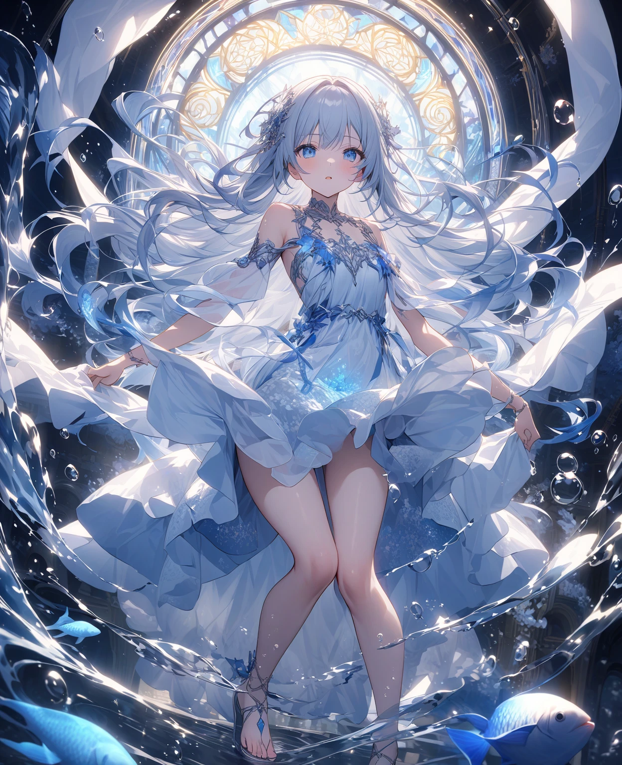 Wearing a blue dress、Anime girl with jelly and fish, Cute anime girl in beautiful clothes, My dress up dear anime, Anime Princess, Smile like a fairy king, Beautiful anime character design, Beautiful anime art style, Hino Rei as the Princess, Ethereal Animation, Beautiful anime style, Fantasy style anime, Magic dress, !!Full body portrait!!
