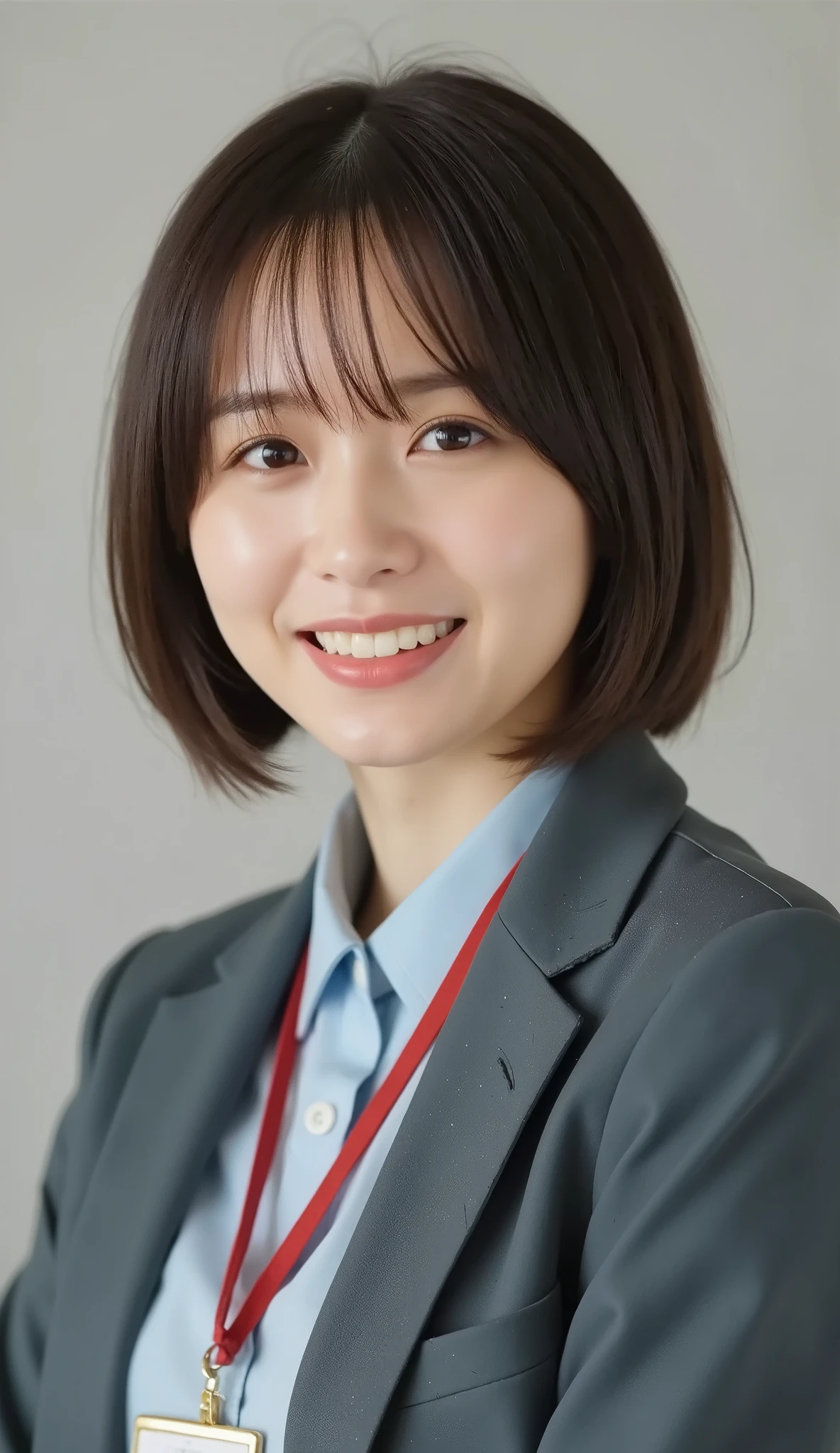 Neat Young Woman、and look at the camera、office lady suit、jacket、shirt、 employee ID hanging from the neck 、、ear piercing、髪型ショートカット、、 黒に限りなく近い茶髪、、smile showing teeth、background is office