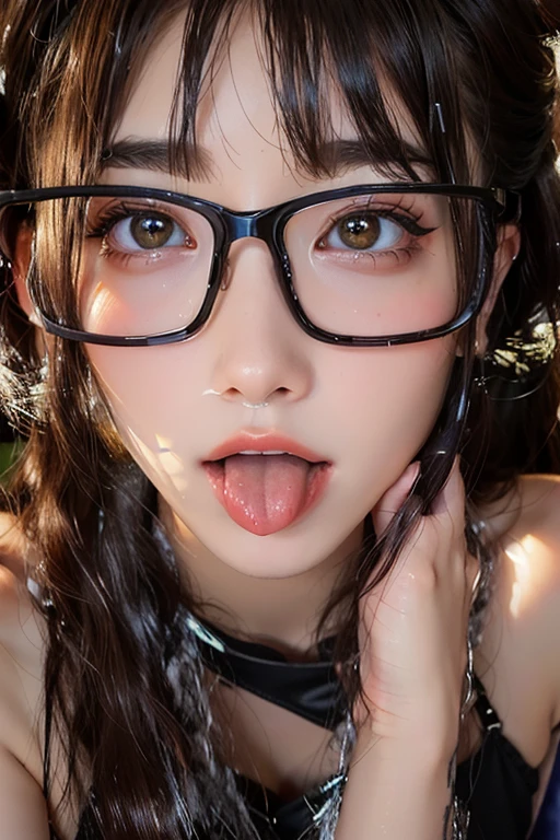 woman, beautiful girl, 、 Baby Face, Realistic skin of the highest quality, Eyes are focused, 20-year-old, Sticking out tongue, Focus on the mouth, Open your mouth, Long Tongue, saliva, Open your mouth , You can see inside the mouth, Open your mouth  Sticking out tongue, Realistic tongue、Provocative eyes、look up、attractive、Wearing glasses