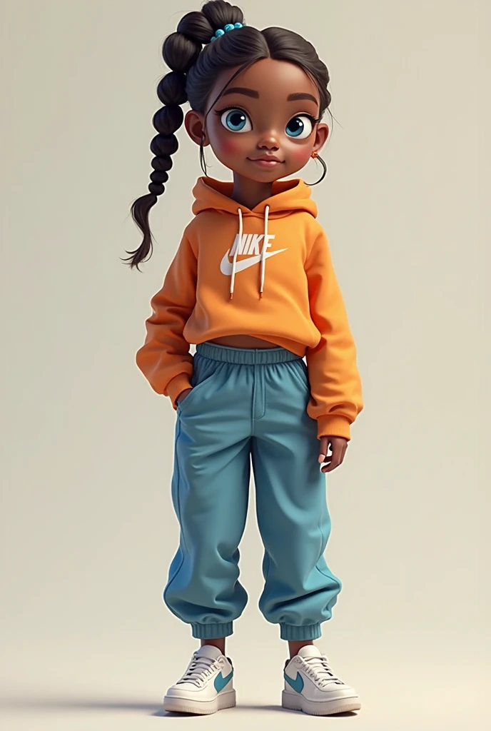 (obra-prima), (melhor qualidade), (ultra-detalhado), (corpo inteiro: 1.2) baby menina negra bonita e fofa, tema frutas, capuz, moletom colorido, Knitted jumpsuits, Pants, jaqueta, blusa, sorriso claro, corpo inteiro, :3, fundo tom pastel , colorido e simples.