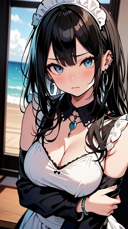 (highest quality), (masterpiece), 1080P, HD, 4K, 8K, cute face, beautiful, clean hands, can't believe it, beautiful eyes, Red-black hair, Bun knot hair, shoulder length hair, blue eyes, long eyelashes, bikini、waist