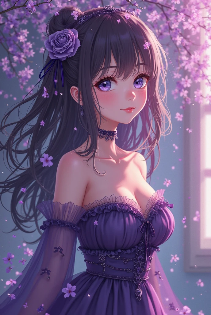 Long hair, purple hair, big breast, blackberry eyes, anime style, dress celeste, mature women, straight hair, fringe, no lipstick , tied hair