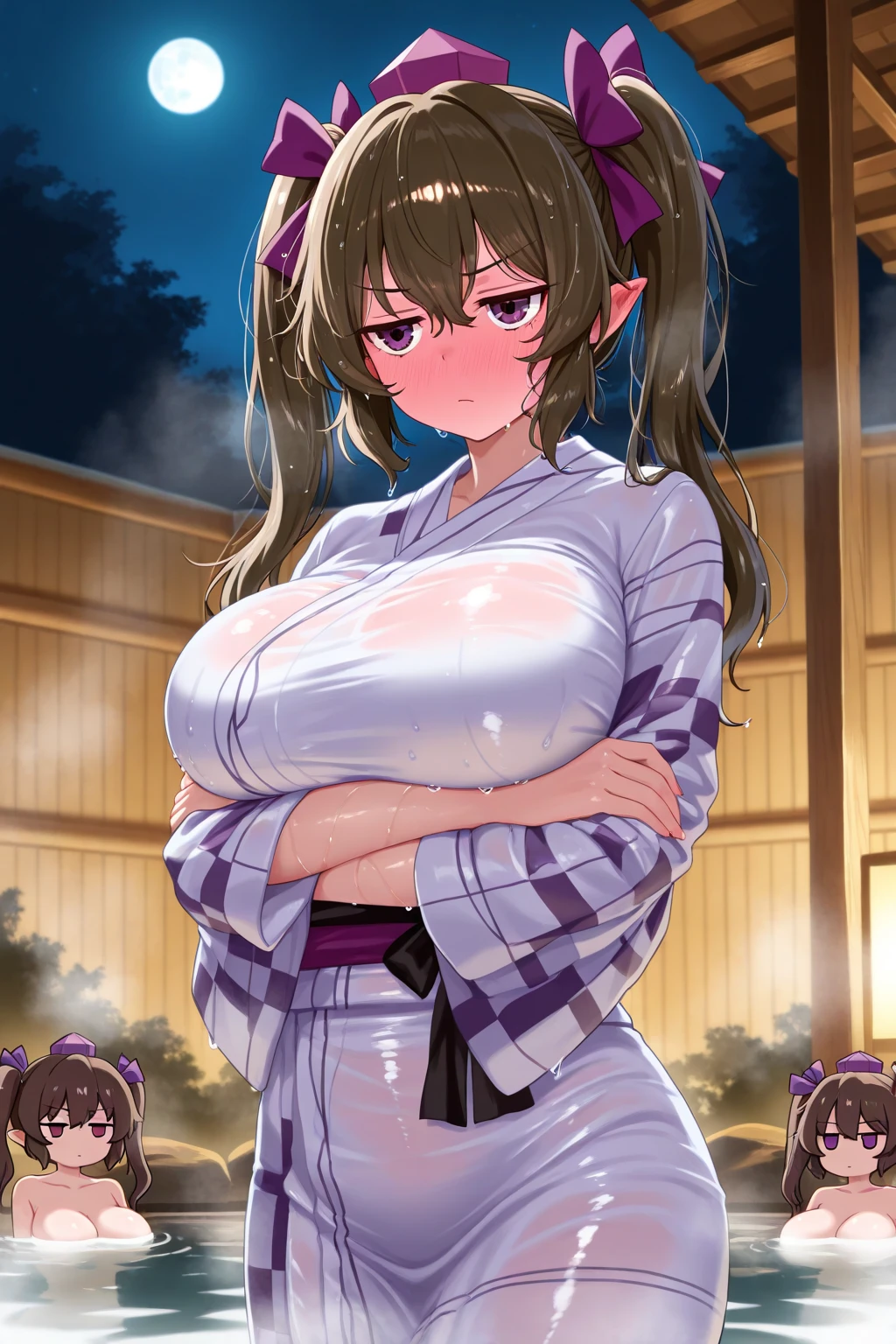 Photographed at a night festival,Photograph the whole body,Pokemon Pink, Double Bang, alone, One girl,  Visor Cap, blush, smile, Twin tails, Brown Hair, Hair Bun, Long Hair, Big Breasts,Fully exposed breasts,Showing nipples,Show your vagina,yukata,花柄のyukata