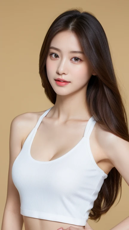 realistic photos of (1 cute Korean star) straight hair, thin makeup, 32 inch breasts size, slightly smile, wearing pink striped tank top, sitting in the cave, upper body portrait,UHD