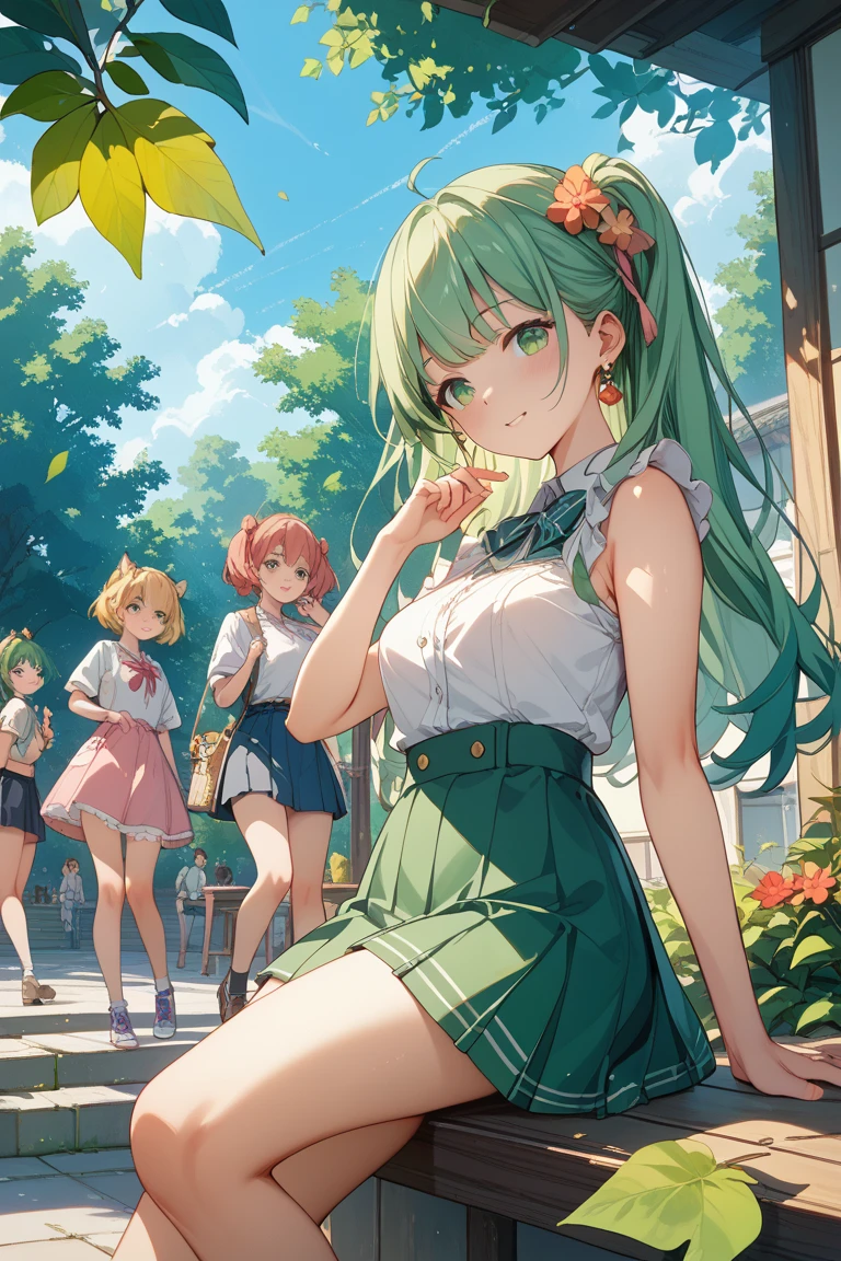 woman clear Light green hair boyish suspenders Shorts Anime Style garden