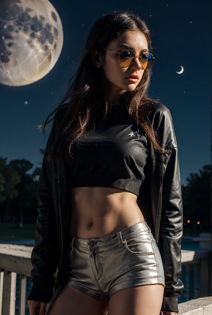hot woman, sleeveless turtleneck shirt and elastic shorts, red lips, seductive, closed eyes, orgasm, nigth, moon ligth, stars, cloud, galaxy, from behind, fingers --style realistic-imagine -