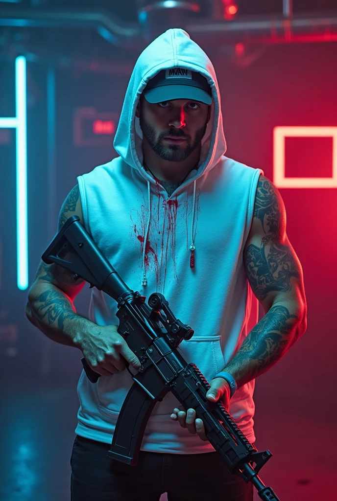 A 21 year man holding rifle gun and slight red light background 