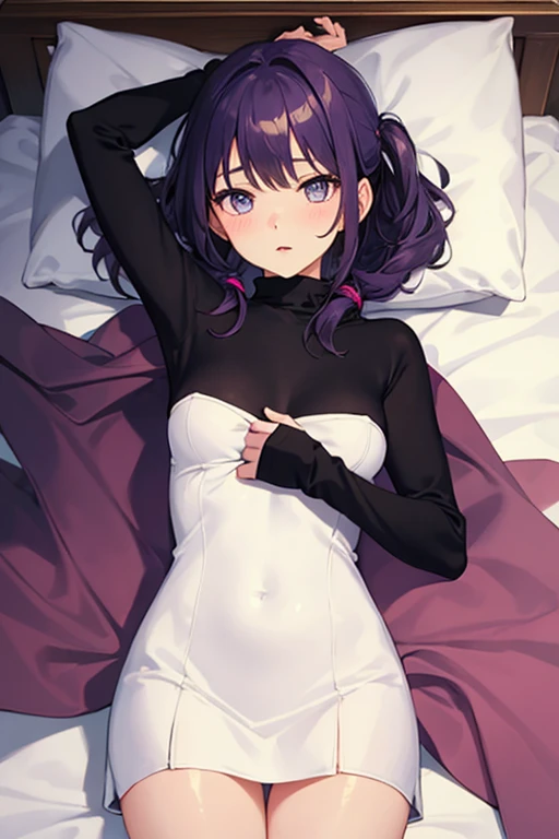 face down,Bed,((Purple tight suit)),barefoot,bare hands,boyish,short hair,black hair,1 girl,Massaged