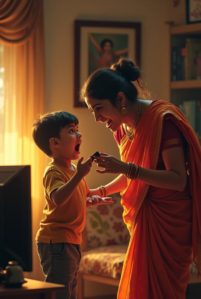 Describe the emotional moment when the boy Arjun surprises his mother with the sari, capturing her tears of joy and overwhelming gratitude.