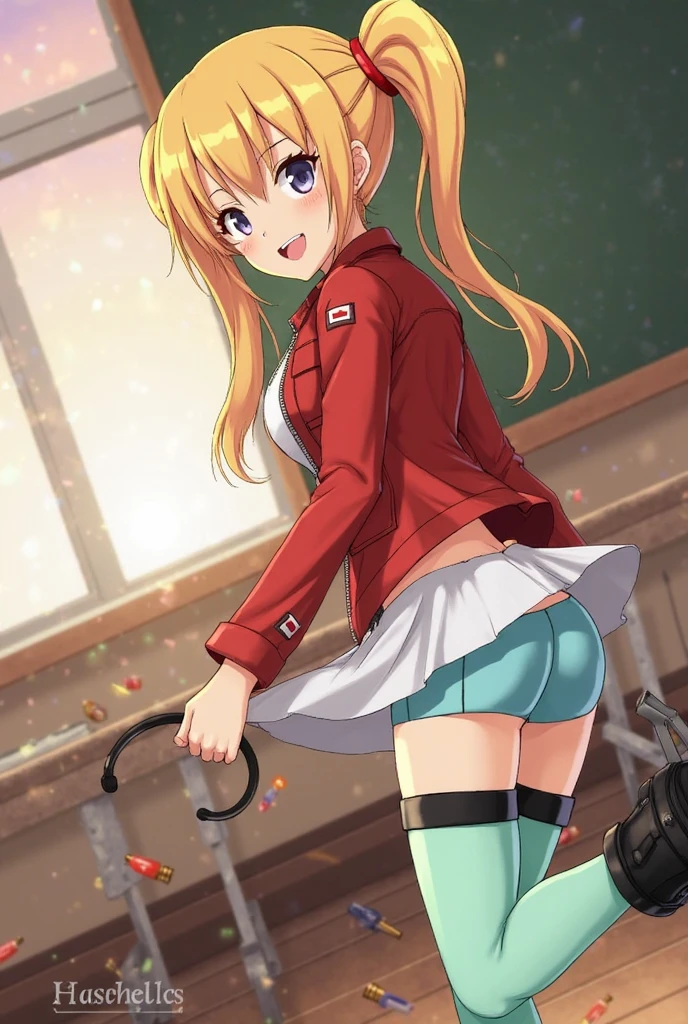 there is a cartoon female in white standing with her hip sticking out, 1girl, solo, braid, twin braids, Blonde hair, ass, RED eyes, long hair, blush, smile