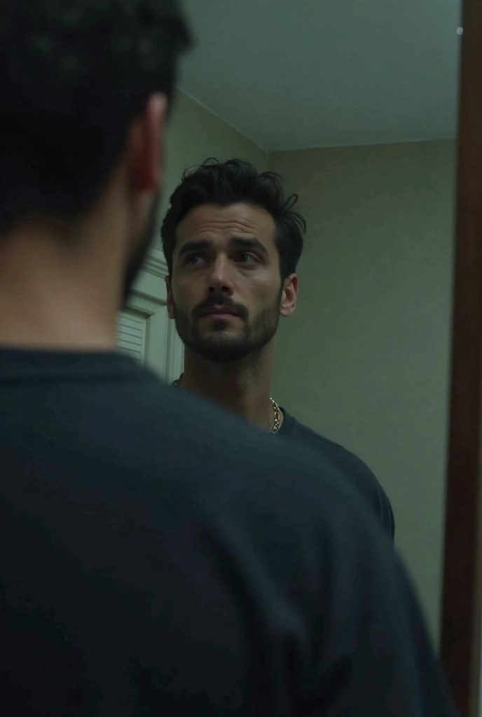 create a imagery scene : A guy's hands are covered with blood, rinsing his hands in the basin in front of a mirror. light setup is red glare. Make it look realistic. Create it in a cinematic frame of 16:9 ratio and close up to just on the hands. Point of view is from the character POV himself.