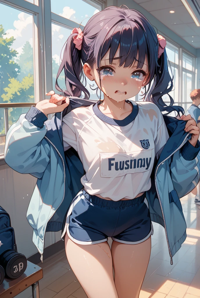 A girl, kneeling on the playground after school, ((full body visible)), far away from viewer.
She is a beautiful, pretty, adorable, cute, young, teen.
She is slim, slender, petite, skinny, (flat chest), (tiny boobs), (small breasts).
She is sweating, wet, soaked. Clothes transparent, sweat on skin, wet hair.
She is grinning, smiling. She looks natural, relaxed, unpretentious.
Trickery face. Making funny faces. (Tongue sticking out), telling a secret, hiding a secret, shy, excited.
She stares, looking at viewer.
She has a black ponytail.
She wears school uniform, a rolled-up white shirt with blue collar,(a colored Corduroy sport bra under shirt), blue shorts, wearing two layers.
shirtlift, . (((She lifts up her shirt, showing off her sports bra underneath))).
Camera focused on her face, light on face, very large aperture, ((f/1.2)), shallow depth-of-field, strong background lens blur,  ISO 3000, auto white balance,
Extremely detailed, professional lighting, soft light, raw photo, fashion model for uniqlo,
best quality, masterpiece, award-winning photography, huge filesize, 8k, highres,
shot on Sony DSLR.
