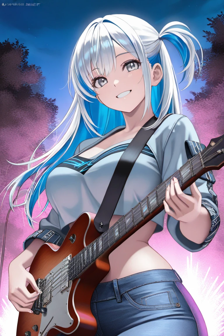stage，A female college student，Play the guitar，Sitting among a group of boys，Transparent bikini，Protruding nipples，Milk point moist，Neon lights，White long hair，Red Eyes