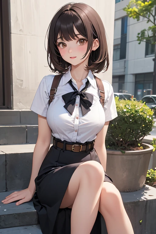 (((Very detailed, Very detailed CG ユニティ 8k 壁紙, figure, High resolution, Absurd, Beautiful fine details, finely detailed chest, Very detailed髪)), ((masterpiece))
Outdoor,null,cloud,Grass,
((Beautiful fine details)),
One girl,alone,
Subjective View Crotch,
Cowboy Shot,
One girl, shirt, bow, Brown Hair, bowtie, skirt, red bow, white shirt, One boy, Have, red bowtie, black skirt, shoes下, bag, collared shirt, Dutch Angle, beret, Black Hat, Open your mouth, shoulder bag, Iris, Medium Hair, shoes, Mouth closed, Long sleeve, Black footwear, null, blush, Bob Cut Hair, bangs, Outdoor, Smiling at the viewer, chest, Are standing, building,   A shy and shy pose
