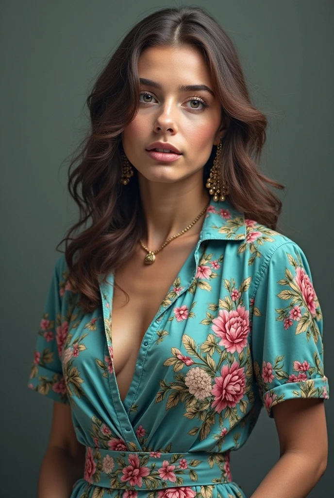 Medium breasted woman, green and white, jewelry
