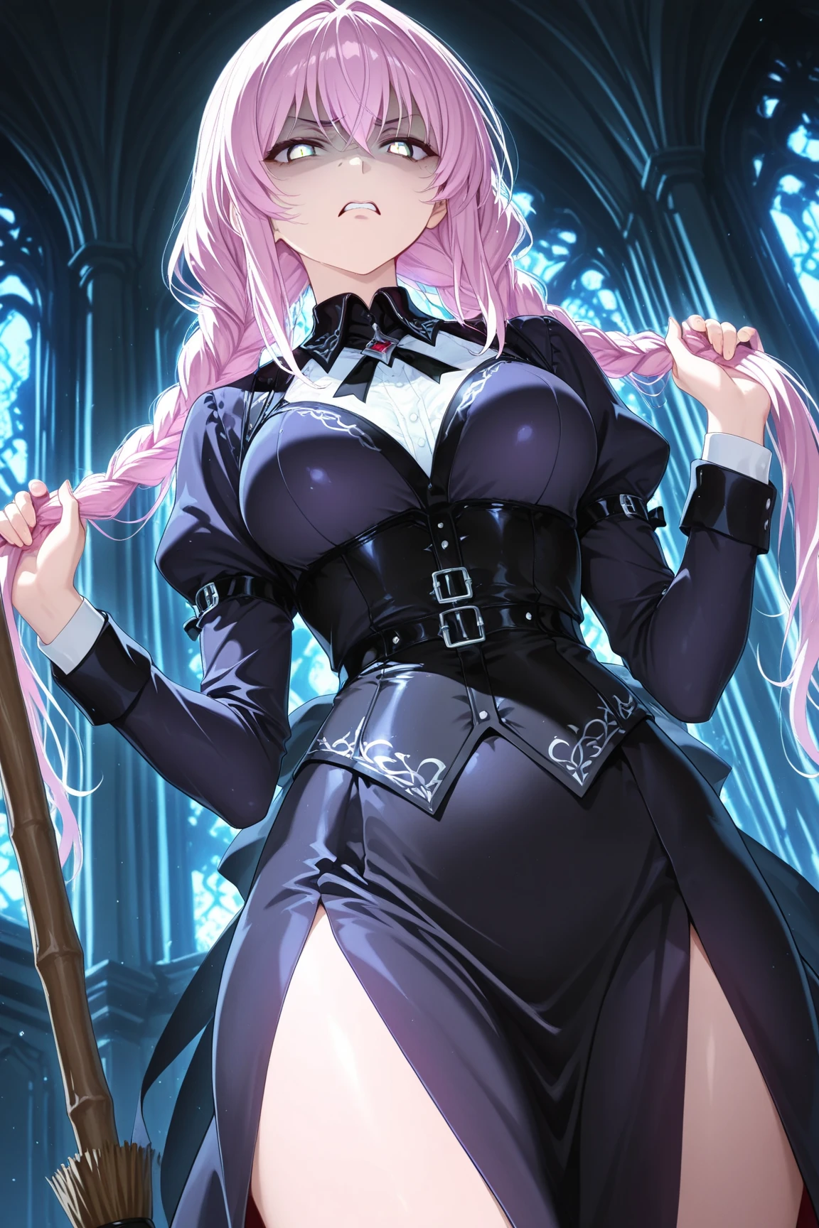 Vampire Queen Combat Dress (Radiant Royal Cloak: 1.2) Black and Purple Color, (extremely delicate beautiful eyes and depression but arrogant eyes), (multicolor, ponytail, iridescent hair, colorful hair, half purple and half pink hair: 1.3), (magical, mythic,fantasy), (Super Model Body Shape, idol, seducing body, attractive, gorgeous, charming, majesty, Sexy Devil aura), Original Character, Masterpiece, Tempting Purple Eyes, Purple Gemstone Accessories, Gold Belt, Gold Necklace, Wind Evil and body floating effect, Soft Moonlight, unique crown, (Corruption Tattoo on 1;1.25), (holding a Giant Scythe 1:1.3), 16k wallpaper style,bare shoulders, cute, petite, solo, stars, stardust, shiny body detailed, creative, killing scenario, legend, horny blush, pink lips, cinematic lighting, full body close-up, scale up, twilight, perfect weapon