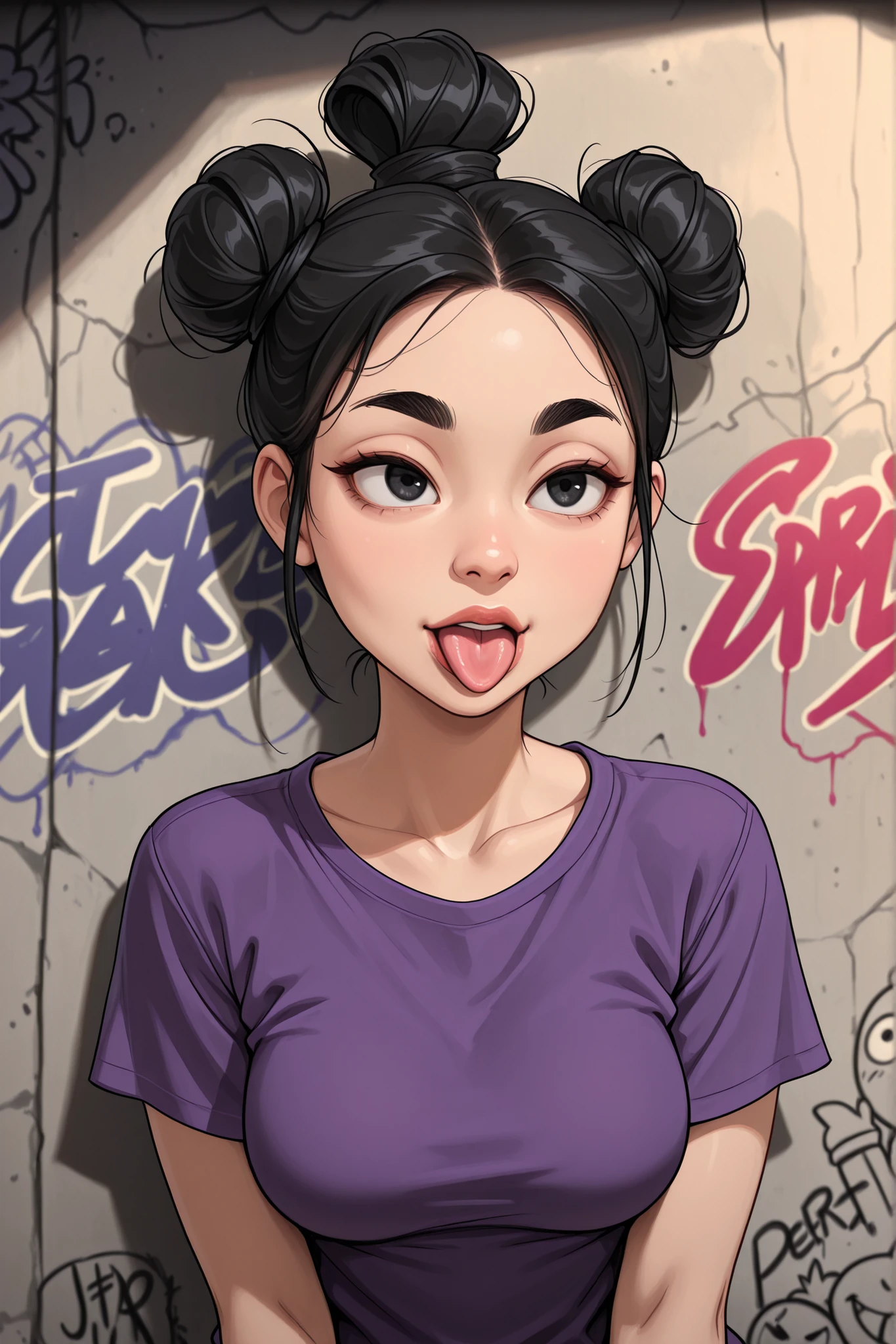 Perfect Face, Black Hair, Top Knot Hair Bun, Black Normal Eyebrows, Black Eyes, Lips Without Makeup, Tongue Out, (Female Asian, Face Asian), (Medium Breasts), (Purple T-Shirt), Looking At Me, (Graffiti Wall Background)