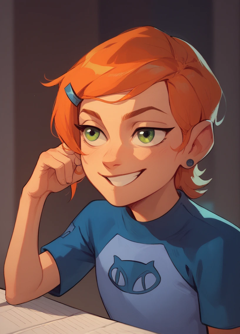 ((best quality)), ((highly detailed)), masterpiece, absurdres, (detailed eyes, deep eyes), (1girl), dynamic pose, upper body, gwen, hairclip, smiling, blue see trough shirt, raglan sleeves, white pants, (outside, in a wild west town, sunset) , hot body , sexy , (medium breasts1.2) , wet , full body , blush ,  on her face 