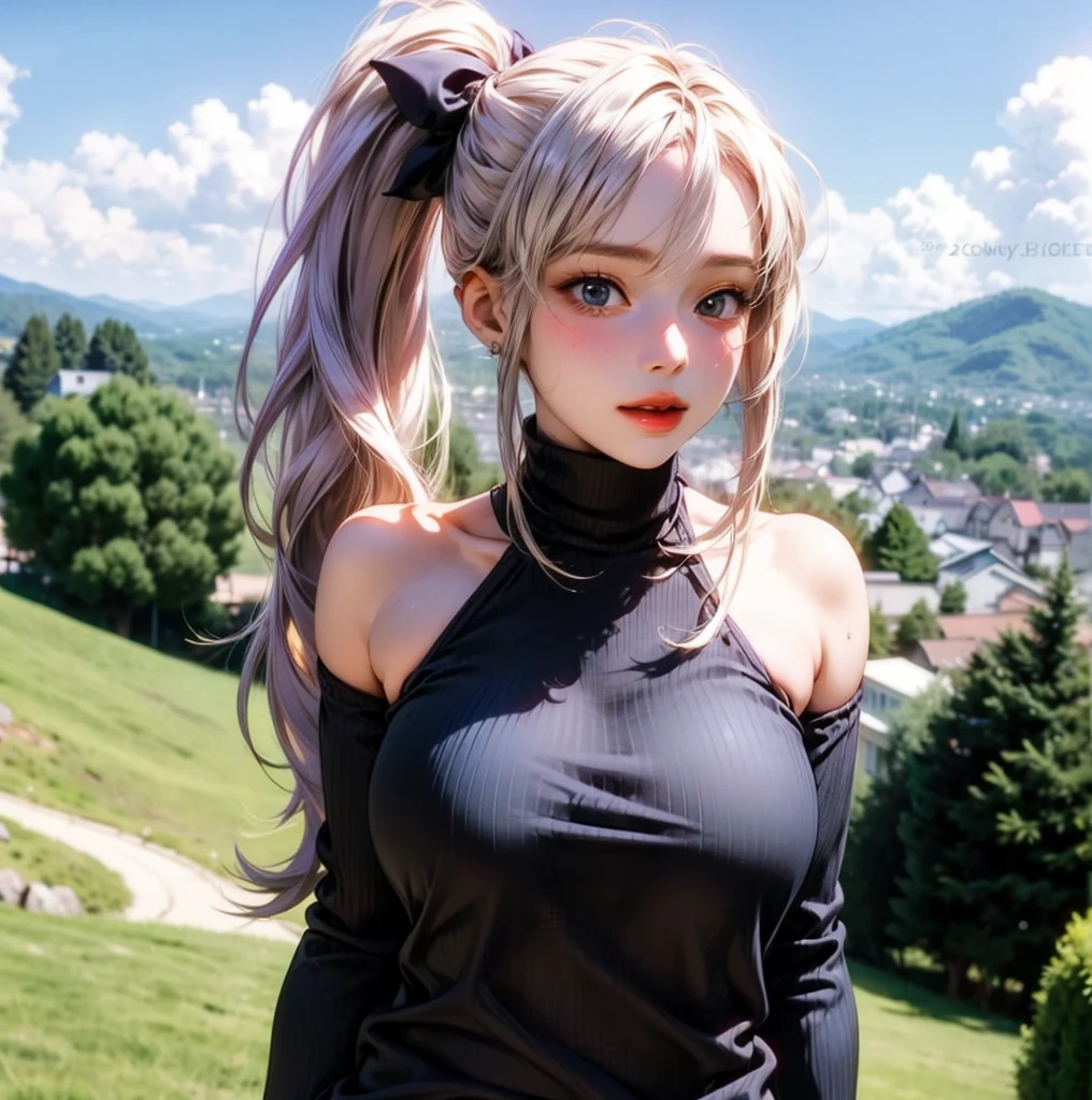 (masterpiece:1.5)、(Highest quality:1.5)、(8k:1.2)、(Super detailed:1.2)、(Realistic:1.3)、(Ultra-high resolution:1.2)、(highest detailed and Realistic skin:1.3)、(Extremely detailed, beautiful and sharp eyes:1.2)、(In nature at the park:1.3)、(Are standing:1.2)、(Looking down:1.2)、break、(Girl with slim legs),(Beautiful eyeliner)、(Beautiful eyeshadow),Natural color lip、(Dark Violet Off-the-Shoulder Sweater Dress:1.4),break,(Silver asymmetrical very short side braids:1.3)、break、(Black long boots:1.2),(beautiful medium-sized breasts),break,(gold ring earrings),(Shooting from below:1.2)