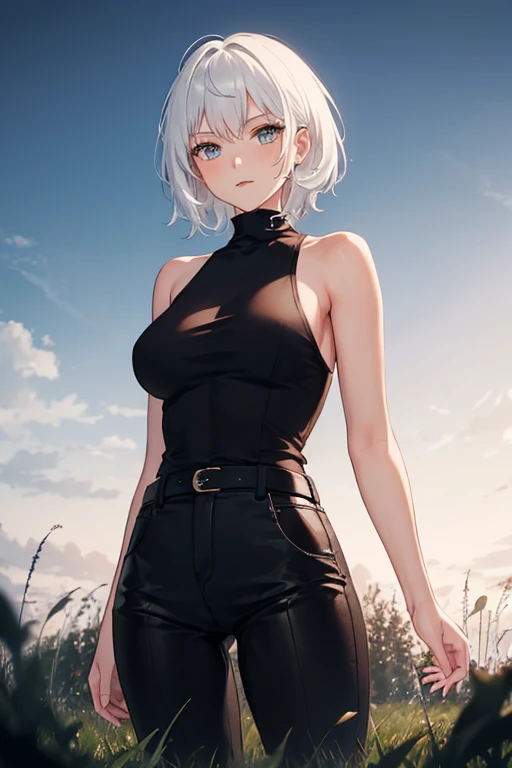 1girl, mature woman, white hair, short hair, black shirt, turtleneck, bare shoulders, sleeveless turtleneck, black pants, night, dark, grass field, masterpiece, best quality, highres, high details, 8k