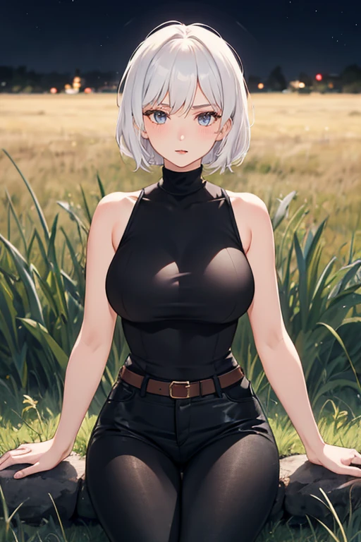 1girl, mature woman, white hair, short hair, black shirt, turtleneck, bare shoulders, sleeveless turtleneck, black pants, night, dark, grass field, masterpiece, best quality, highres, high details, 8k