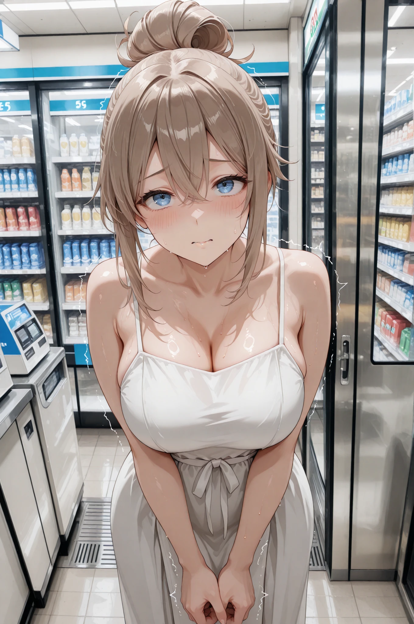 woman,Completely naked,Bob Hair,blush,Large Breasts,woman器,Clothes and underwear scattered around,womanの自慰行為,Nipples get erect,woman器から白い液が大量に流れる,開いたwoman器,woman器を右手で触る,Company Office