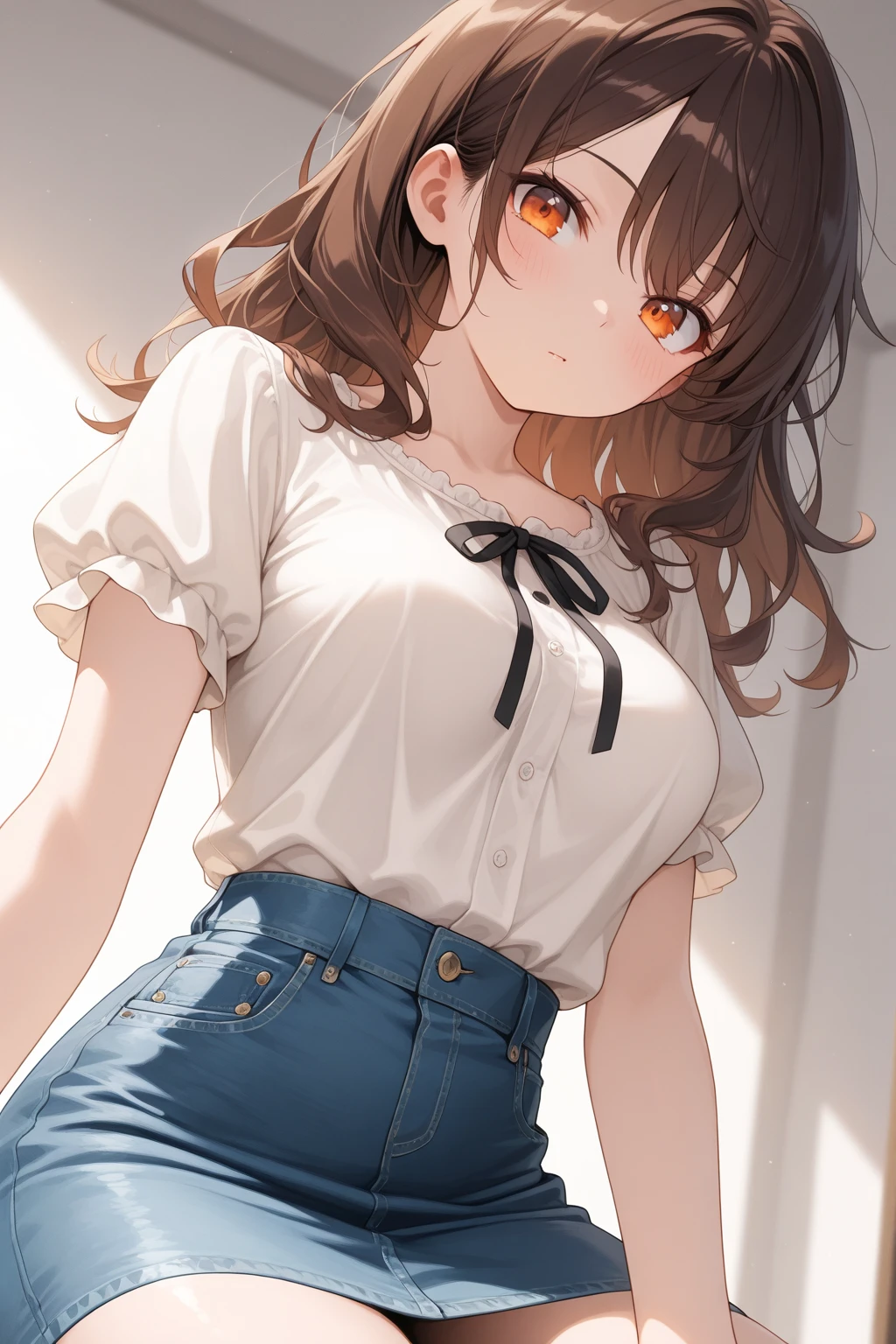 (8k, best quality, master piece: 1.2),super high resolution,1 girl, 独奏, cowboy shot ,ultra-detailed face, Selfie、Reflection in the mirror、teacher、、ponytail、Brown、Private room、bed、wariza, hand between legs, Collarbone, Ecstatic expression