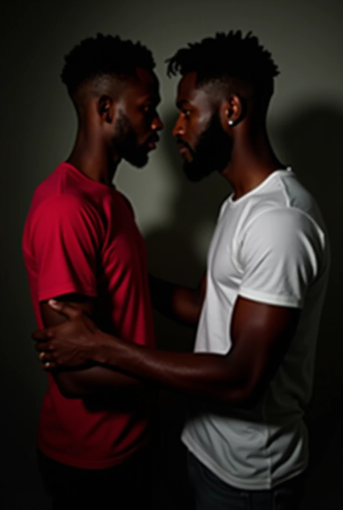 Generate image of two men kissing, one mulatto and the other black , and the two holding a banner that says love does not understand races or ideologies