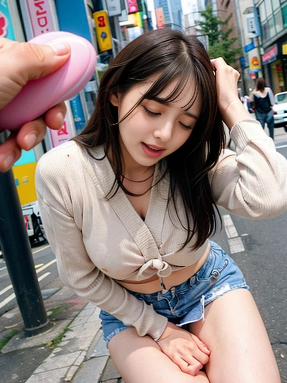 Highly detailed CG Unity 8k wallpaper, highest quality, super detailed, masterpiece, realistic, photo realistic, Highly detailed cute girl, 20-year-old, (((Lift your skirt yourself)))、(lift it yourself)、Pale light purple panties made of lace material、panties focus、detailed panty patterns、blush, parted lips, looking at the viewer、half body shot、(crowd)、(on the streets of tokyo)、short bob cut、too bright natural light、the shining sun、Female crowd、Slightly low angle shot from below、Shiny lips with lip gloss、sparkling eyes、ponytail、(((Finely designed, luxurious and colorful adult shorts, panties high definition portrait, Draw pants with super precision)))、((Show off your panties with an unusual pose)), ((spread legs, raise your legs)) open your mouth a little、
